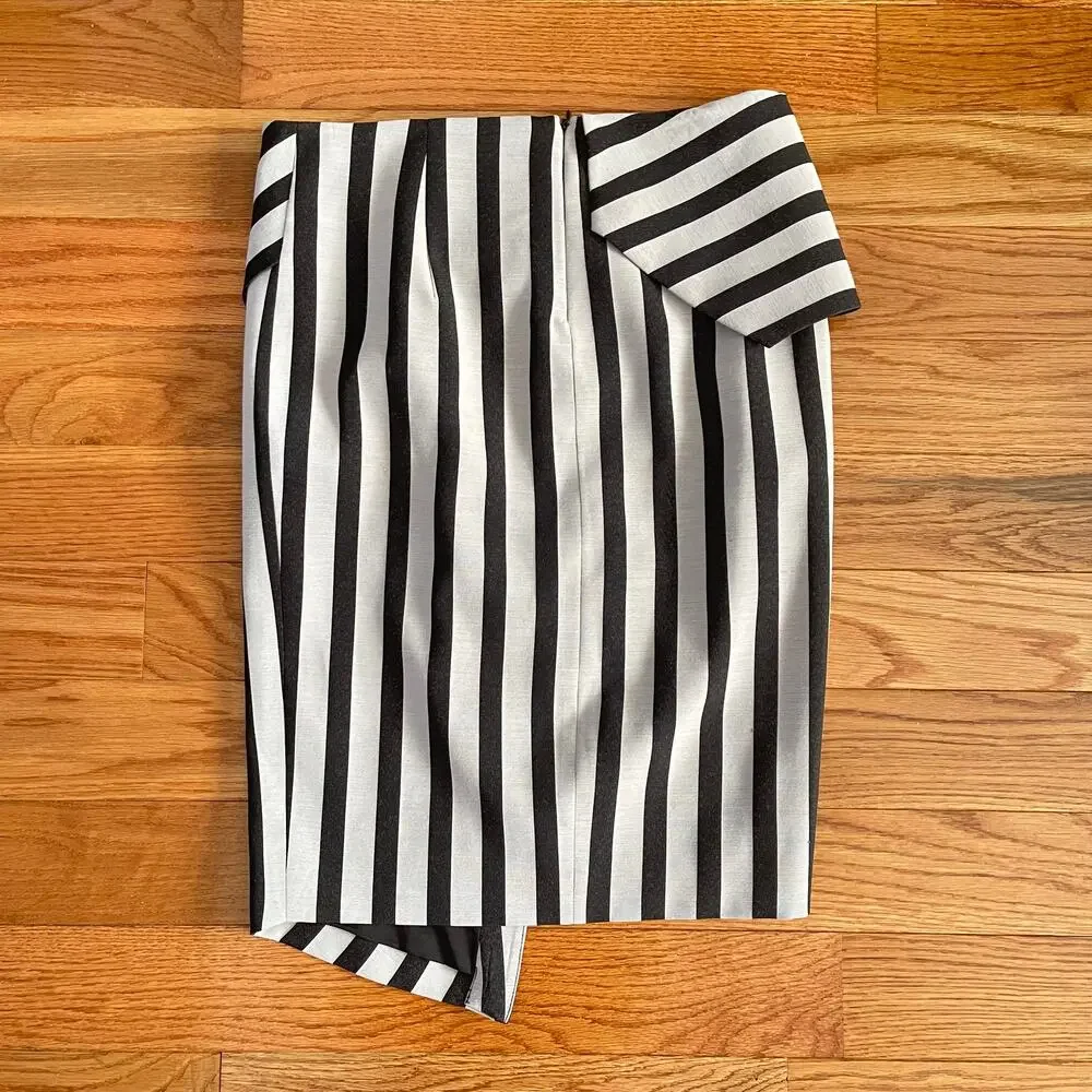 Mason Womens 2 Asymmetrical Skirt Black Taupe Striped Modern Design Maximalist